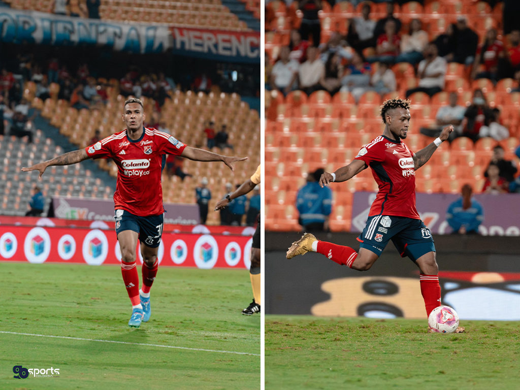 Foto: Diego Moreno y Leyser Chaverra celebrando gol ante Alianza FC. Fuente: Dimayor