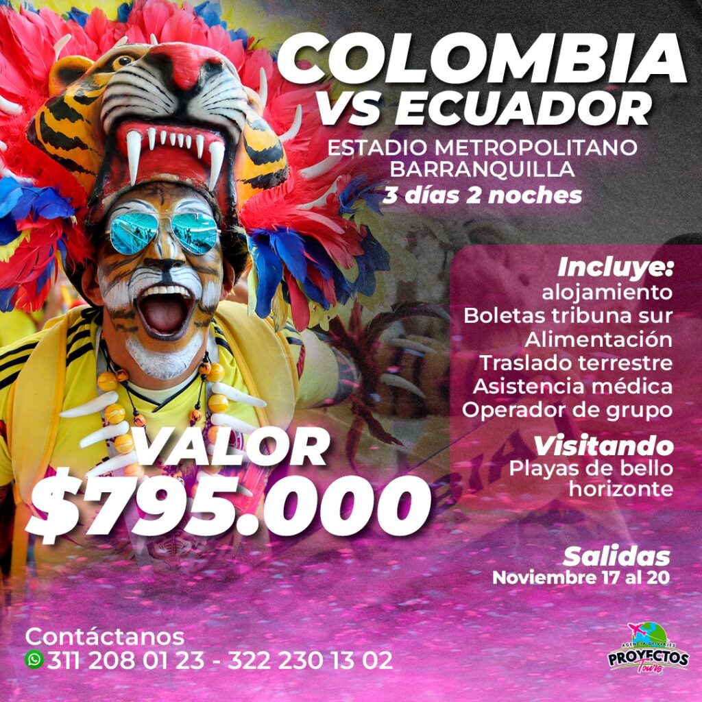 Flyer publicitario plan de viaje Colombia vs Ecuador. Noviembre 2024.
